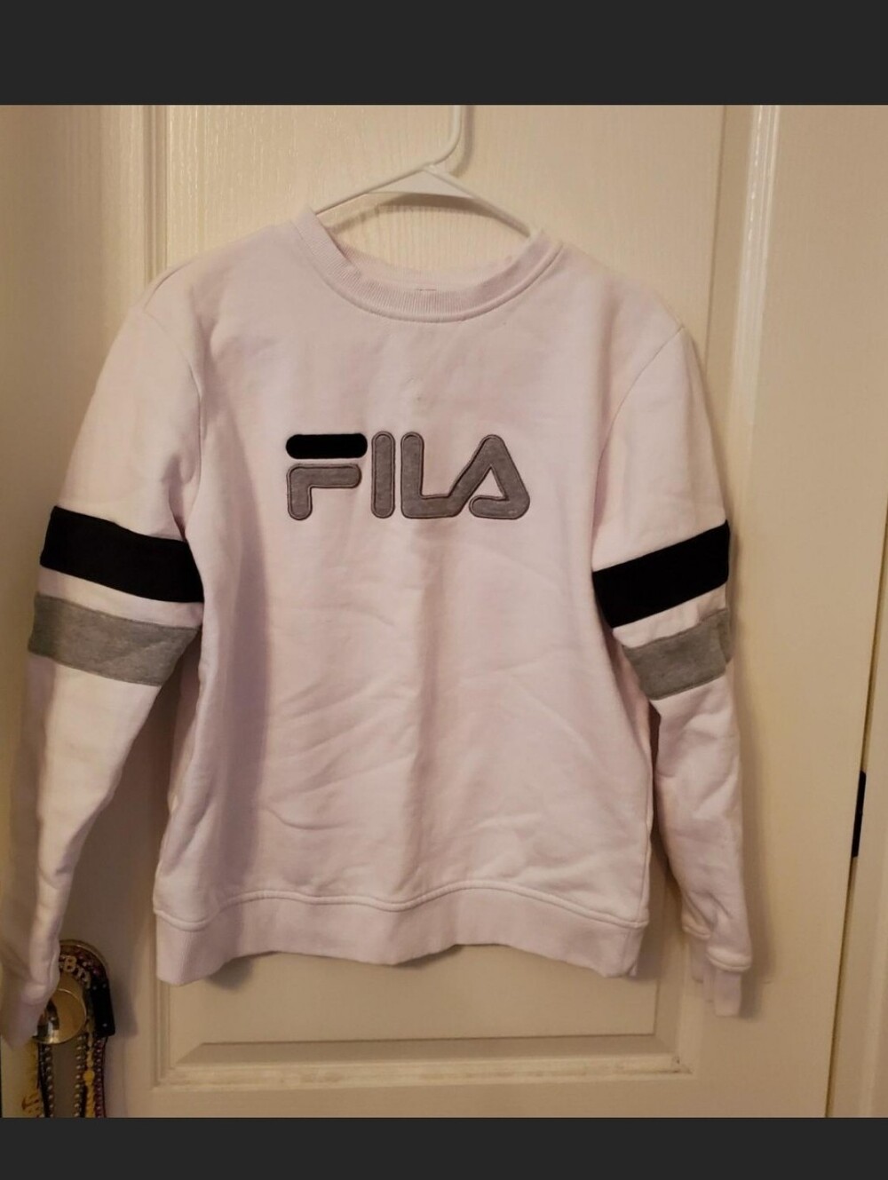 Fila White Crewneck Sweatshirt with Black & Gray Sleeve Stripes